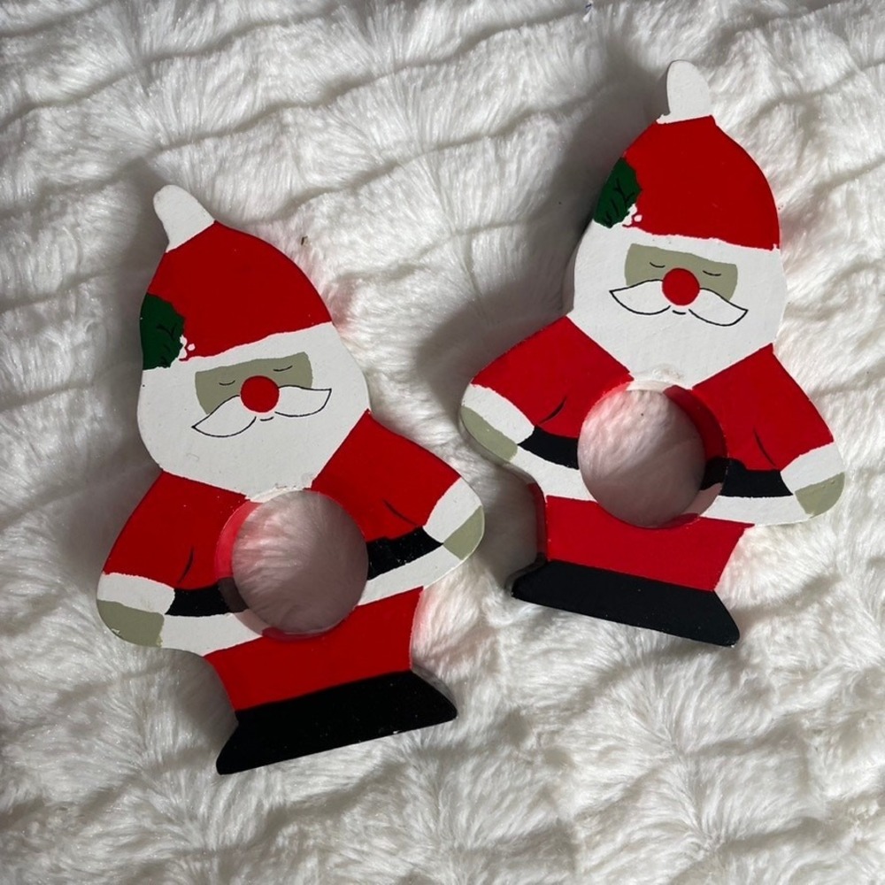 SET of 2 Santa Claus Christmas Napkin Holder‎ Rings Red Tablesetting Decor Wood
